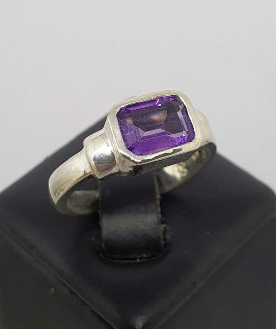 Silver ring with rectangle purple stone - made in NZ - Size M image 0